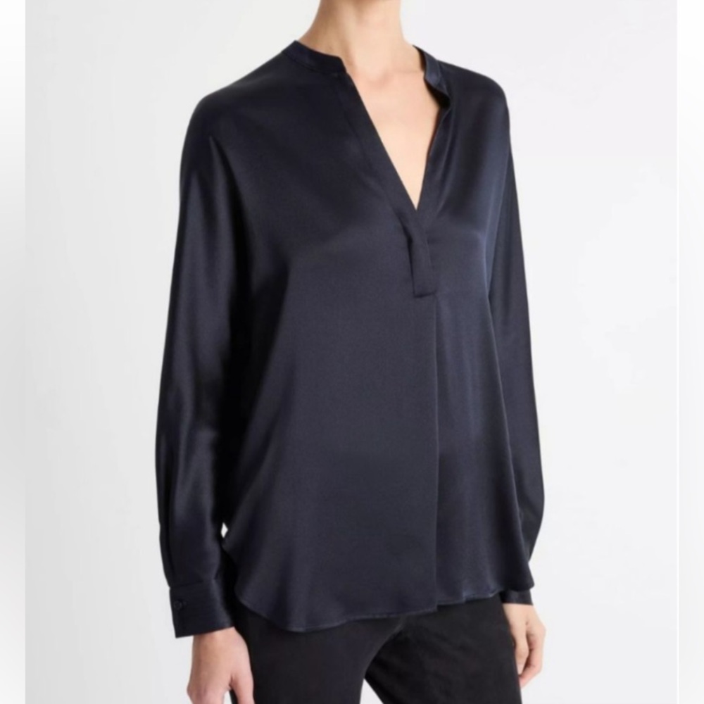 Vince Band Collar Silk Blouse Black Size L